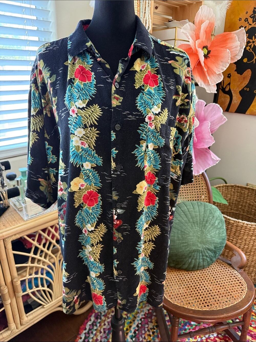 Men’s Summa Washed Black Tropical Hawaiian Button Up Short Sleeve Resort Shirt
